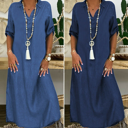 Women Fashion Casual Lapel Denim Loose Long Dress