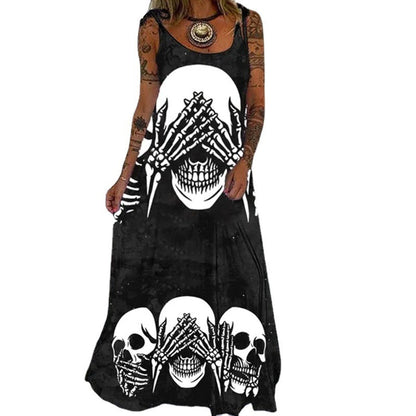 Casual Boho Stlye Women Halloween Skull Print Loose Maxi Dress