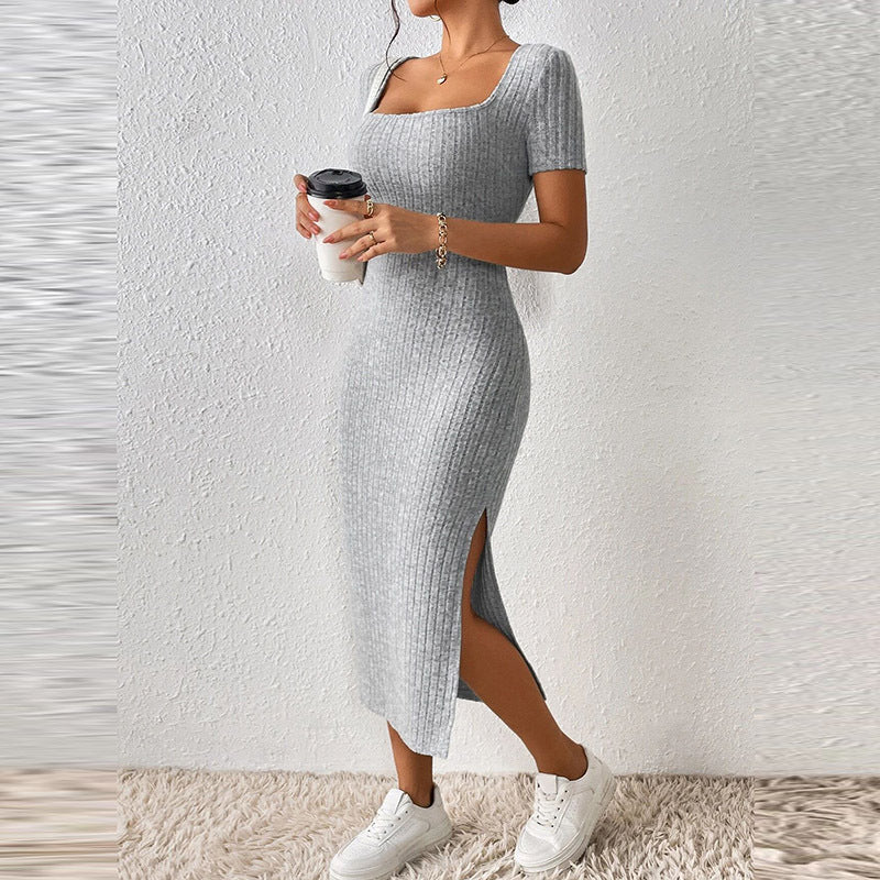 Vestido informal de punto acanalado con cuello cuadrado y abertura lateral para mujer