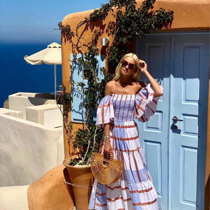 Summer Women Casual Stripe Off Shoulder Short-Sleeved Ruffle Boho Vacation Maxidress