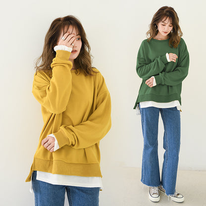 Women Fashion Casual Solid Color Fake Two-Piece Long Sleeve Crewneck Sweatshirt