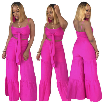 Conjunto de dos piezas de camiseta corta con nudo y pantalones anchos de color liso para mujer, estilo casual, para vacaciones de verano