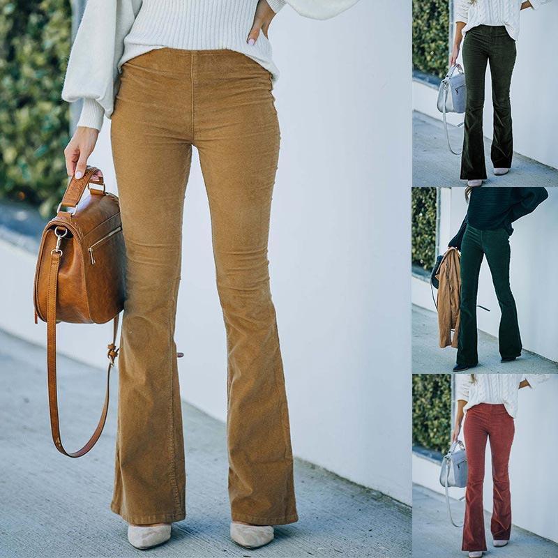 Women Solid Color High Waist Slim Fit Micro-Flare Elastic Waist Casual Pants