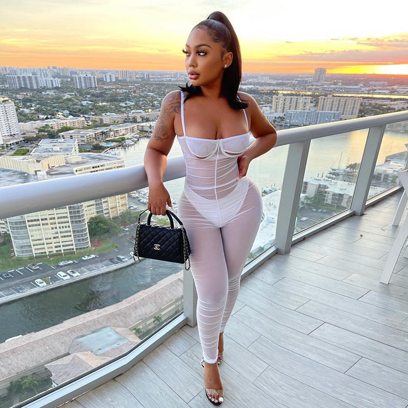 Women Mesh Suspenders Pleated Slim Fit Casual Jumpsuit