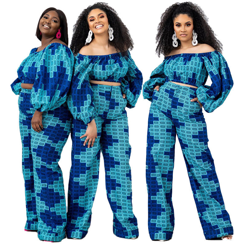 Conjunto informal de dos piezas con top de manga larga y pantalones holgados de cintura alta con cuello barco estampado para mujer de talla grande