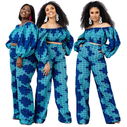Conjunto informal de dos piezas con top de manga larga y pantalones holgados de cintura alta con cuello barco estampado para mujer de talla grande