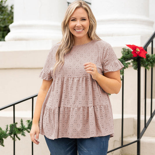 Blusa informal de manga corta de color liso para mujer, talla grande