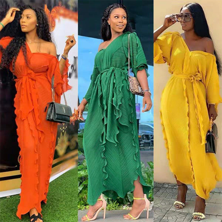 African Women Casual V-Neck Ruffled Solid Color Chiffon Loose Elegant Maxi Dress