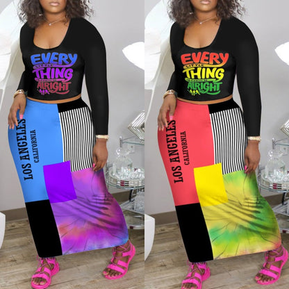 Conjunto de dos piezas formado por top y falda de manga larga, estampado de letras y rayas, informal, a la moda para mujer, talla grande