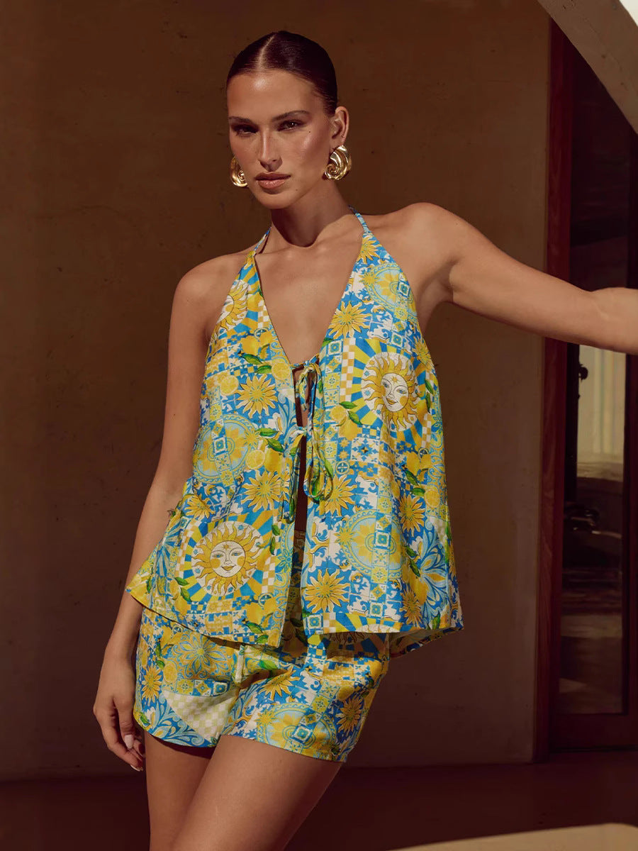 Conjunto de dos piezas para mujer, informal, de vacaciones, con estampado floral, espalda descubierta, con cordones y pantalones cortos sueltos