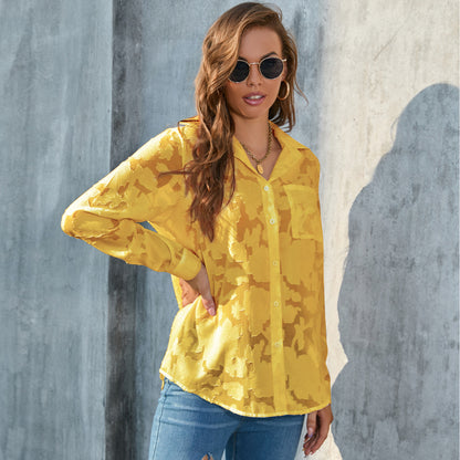 Blusa informal de gasa holgada con estampado floral y solapa de manga larga para mujer
