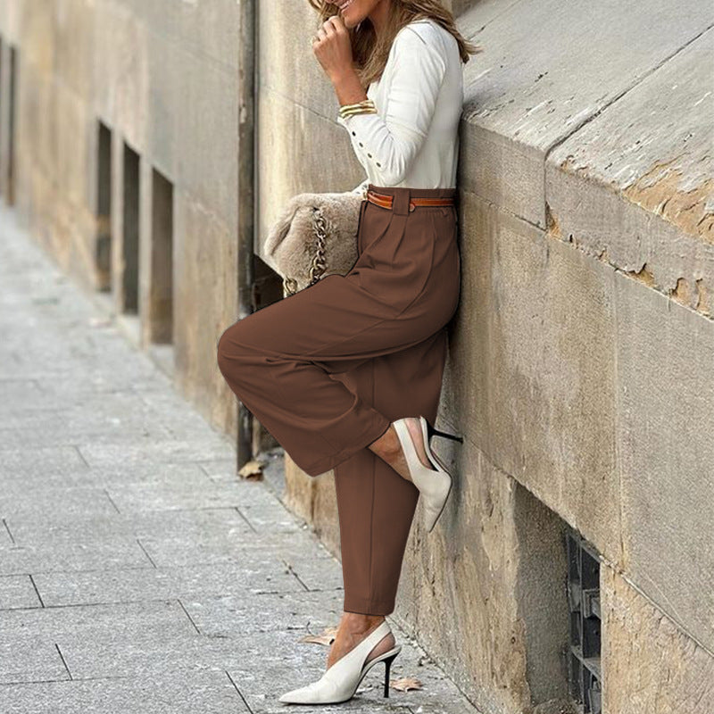Women Fashion Casual Solid Color High Waist Pants