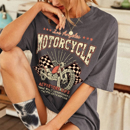 Camiseta informal holgada de talla grande para mujer, cuello redondo, manga corta, estampado gráfico de motociclista vintage