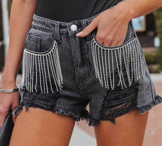 Women Fashion Casual Chain Tassel Hole Denim Shorts