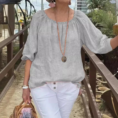 Women Casual Solid Color Round Neck Cotton Linen Plus Size Top