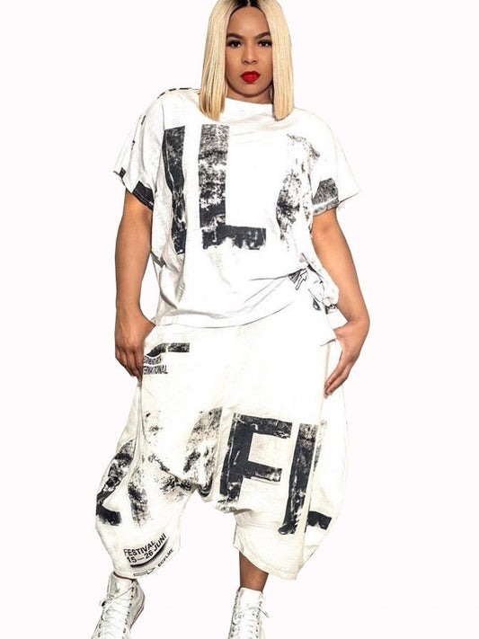 Conjunto informal de 2 piezas con estampado de letras para mujer, camiseta y pantalones bombachos