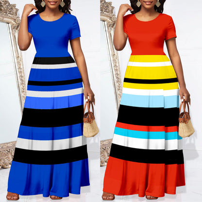 Women Casual Short Sleeve Color Blocking Stripe Round Neck Maxi Dress