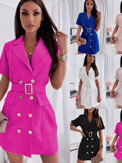 Vestido blazer informal de verano para mujer, ajustado, con cuello en V y manga corta con doble hilera