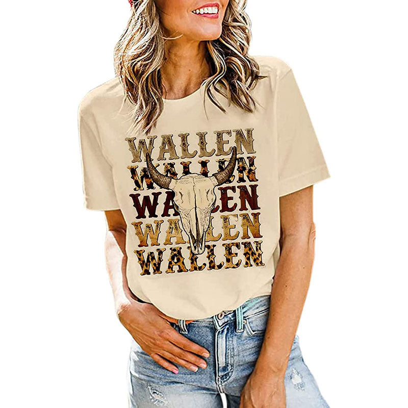 Camiseta informal de verano para mujer con estampado de cabeza de buey occidental, cuello redondo y manga corta