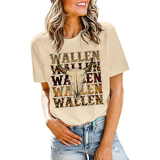 Camiseta informal de verano para mujer con estampado de cabeza de buey occidental, cuello redondo y manga corta
