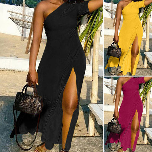 Vestido largo informal de un solo hombro, color liso, talla grande, con abertura lateral, para mujer
