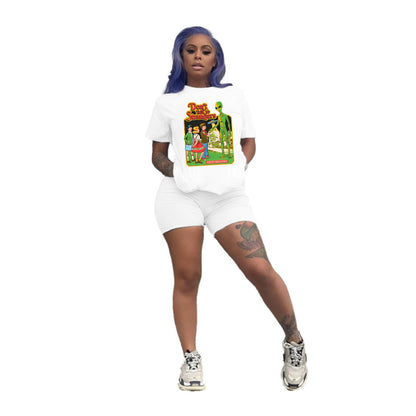 Conjunto deportivo de dos piezas para mujer, talla grande, informal, deportivo, con estampado gráfico, camiseta y pantalones cortos