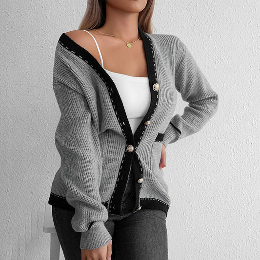 Chaqueta cárdigan de punto de manga larga informal de moda para mujer de otoño e invierno