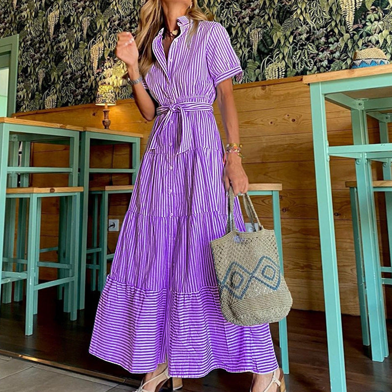 Vestido largo informal clásico de rayas con solapa y manga corta para mujer