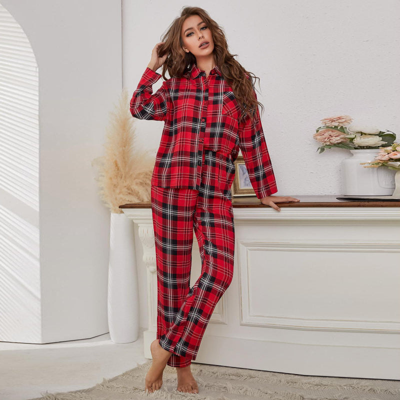 Conjunto de pijama informal con estampado de cuadros rojos y manga larga para mujer