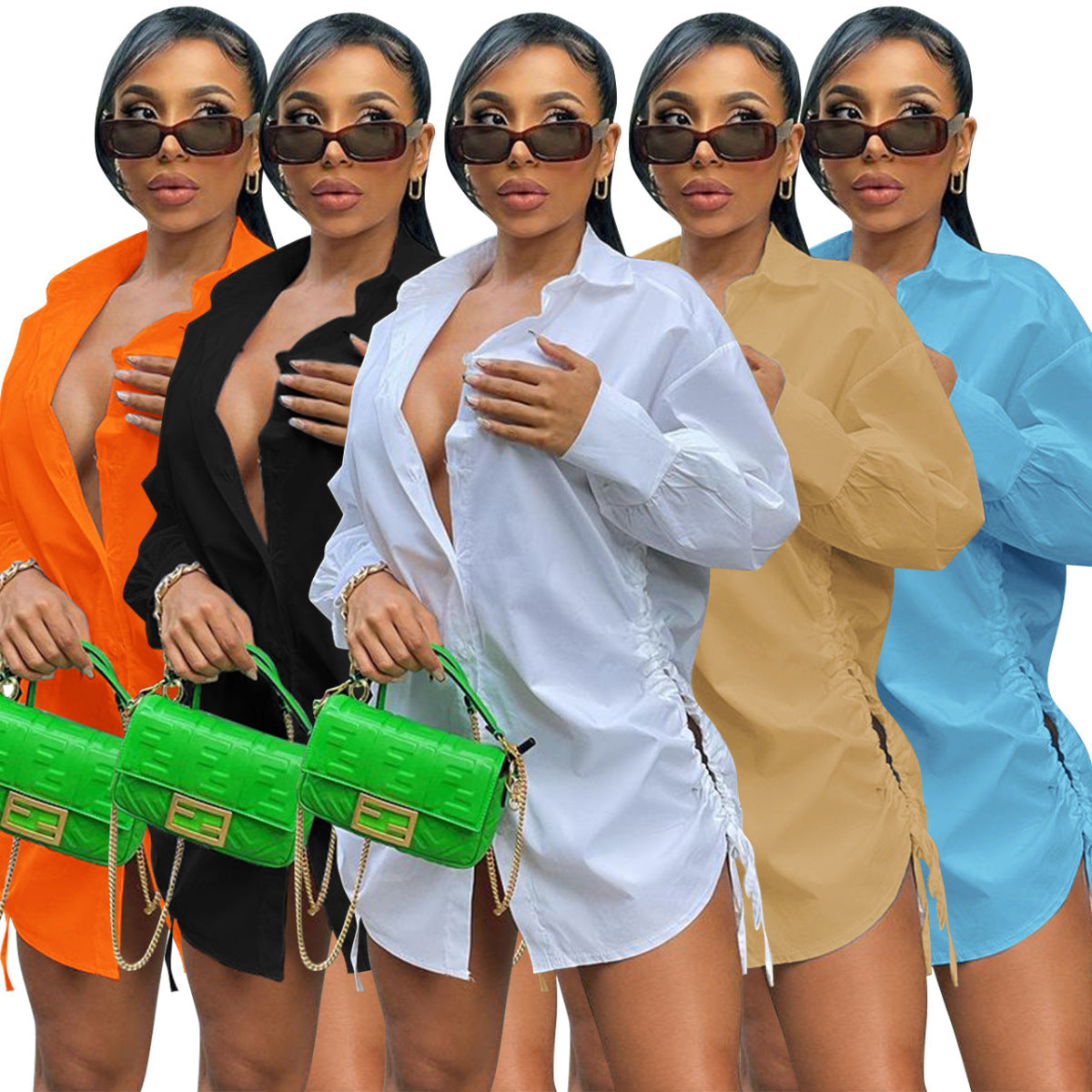 Summer Women Casual Solid Color Hollow Lace-Up Long Sleeve Shirt Dress