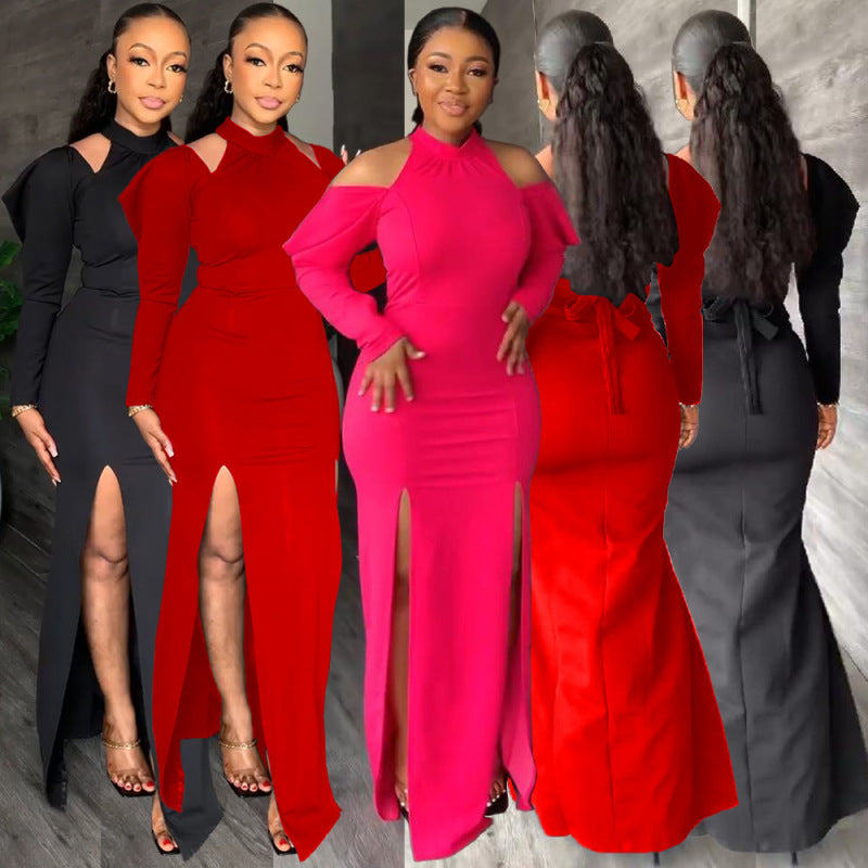 Women Fashion Casual Sexy Solid Color Cool-Shoulder Slit Invisible Zipper Maxi Dress Long Skirt With Belt