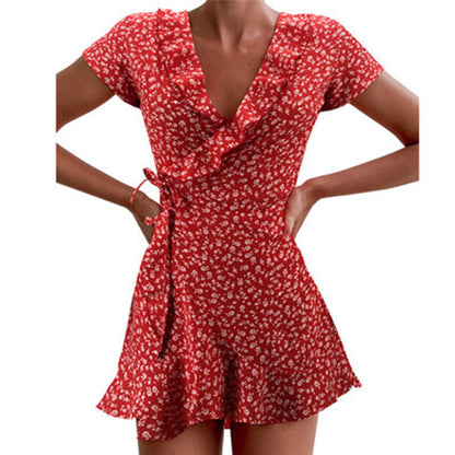 Women'S Fashion Casual Vacation Floral Printing Ruffled Lace-Up Short Sleeve Wrap Dress