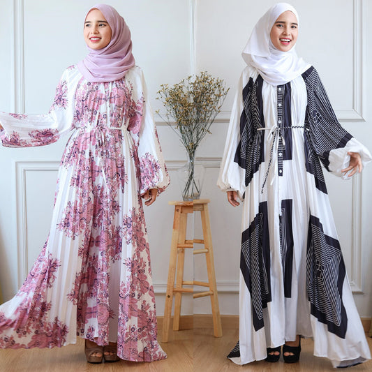 Women Casual Fashion Print Abaya Long Sleeve Maxi Dress