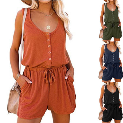 Summer Women Fashion Casual Solid Color Sleeveless Defined Waist Lace-Up Rompers