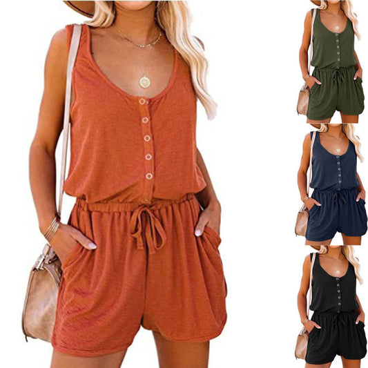 Summer Women Fashion Casual Solid Color Sleeveless Defined Waist Lace-Up Rompers