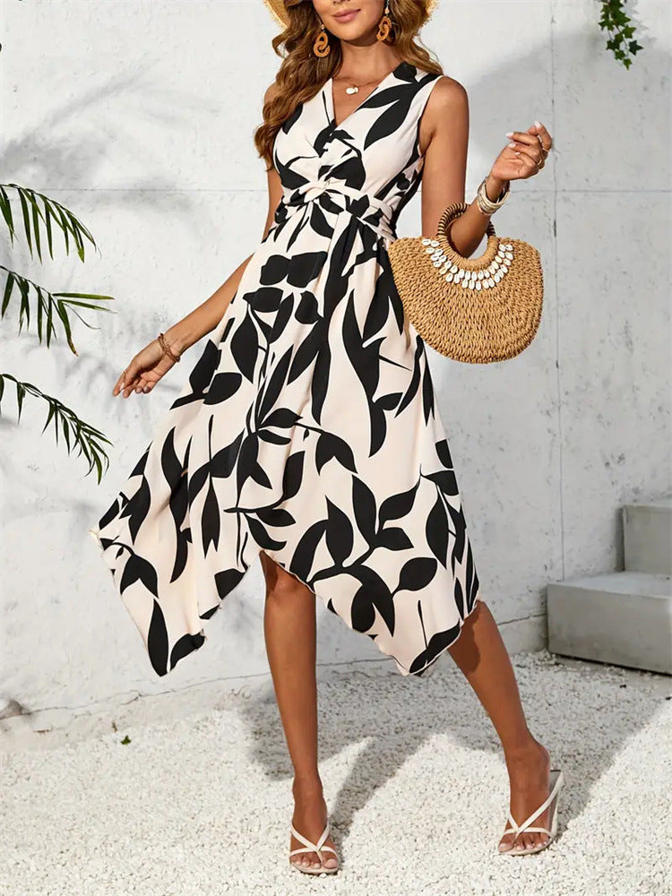 Women Casual Printed Sleeveless Irregular Dress