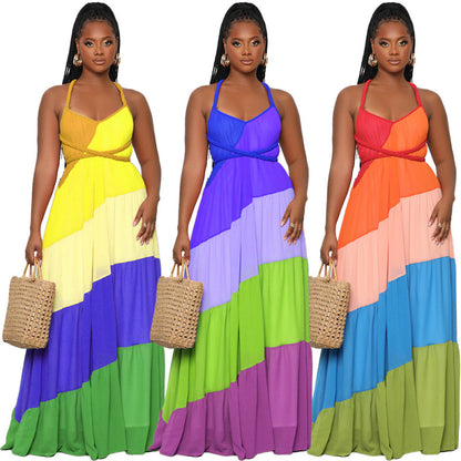 Summer Women Casual Color Blocking Bandage Backless Ruffled Chiffon Dress