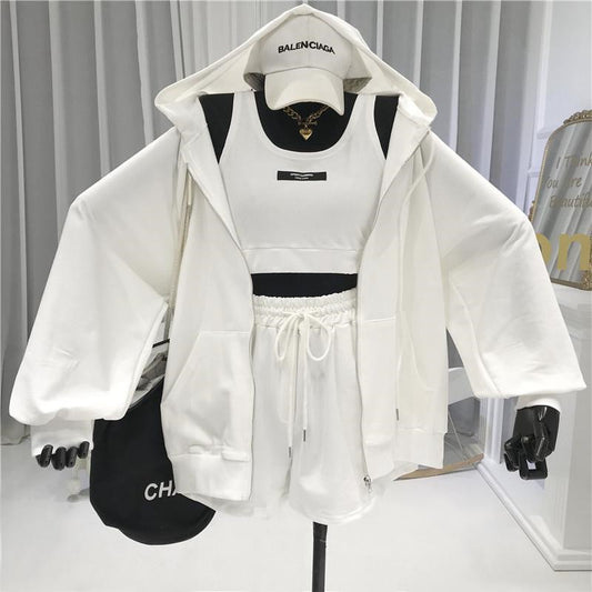 Women Fashion Casual Solid Color Tank Top Long Sleeve Zipper Hoodies Defined Waist Drawstring Shorts 3pcs Set