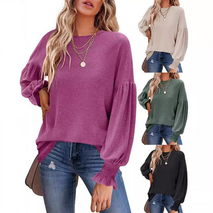 Camiseta informal de cuello redondo y mangas farol para mujer