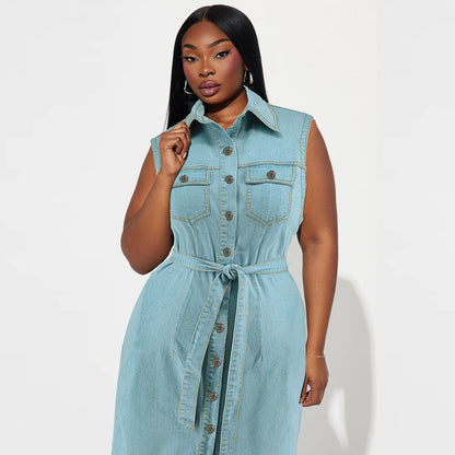 Women Fashion Casual Lapel Sleeveless Lace-Up Denim Dress