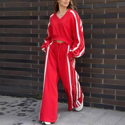 Autumn Winter Athleisure Casual Long-Sleeved V Neck Sweatshirt Stripe Pants Set
