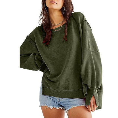 Women Fashion Casual Solid Color Round Neck Split Sweatshirt