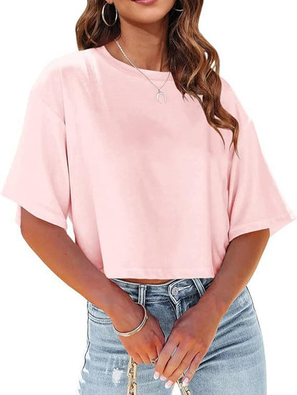 Camiseta básica informal de media manga con estampado de color liso para mujer