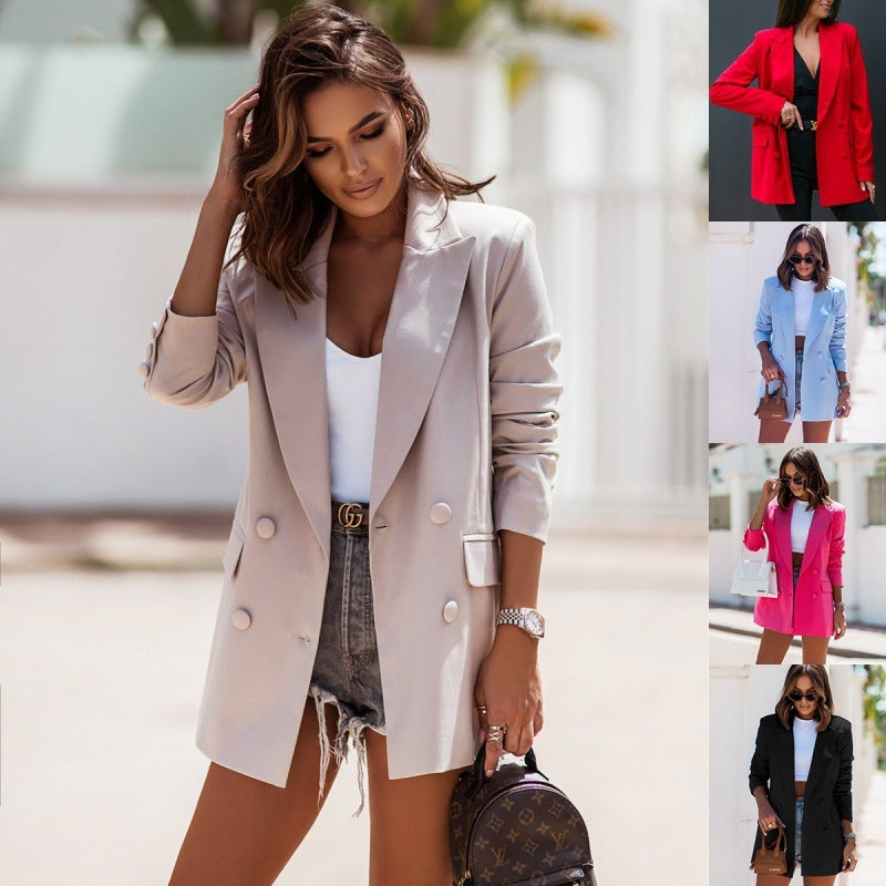 Chaqueta de traje cruzada informal de manga larga para mujer