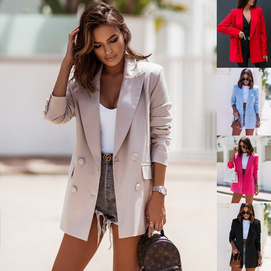 Chaqueta de traje cruzada informal de manga larga para mujer