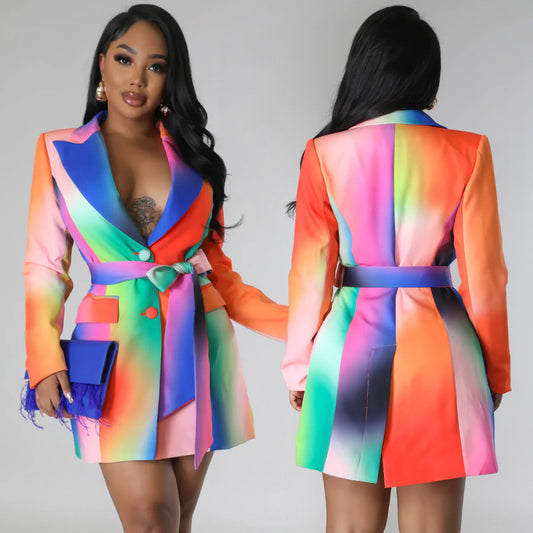 Chaqueta de manga larga con cordones y estampado multicolor informal para mujer