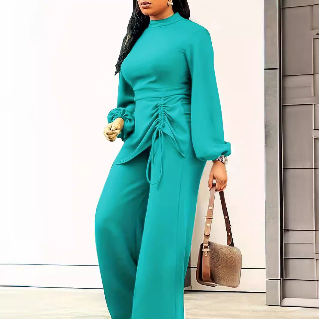Women Fashion Casual Solid Color Plus Size Pleated Long Sleeve Loose Jumpsuit