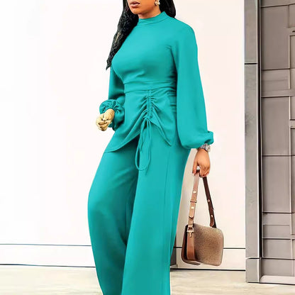 Women Fashion Casual Solid Color Plus Size Pleated Long Sleeve Loose Jumpsuit