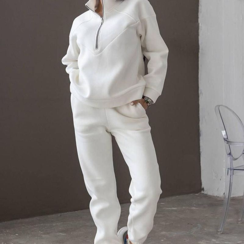 Conjunto de dos piezas de jersey deportivo informal con capucha y manga larga de color liso para mujer
