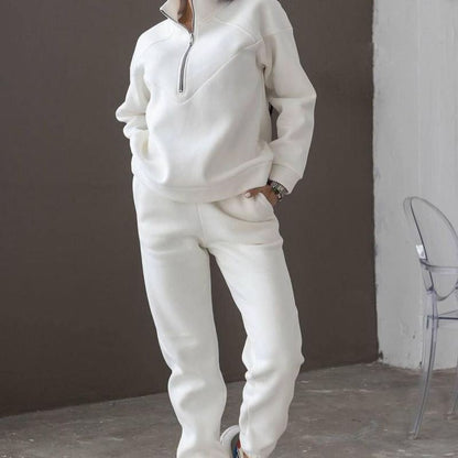 Conjunto de dos piezas de jersey deportivo informal con capucha y manga larga de color liso para mujer